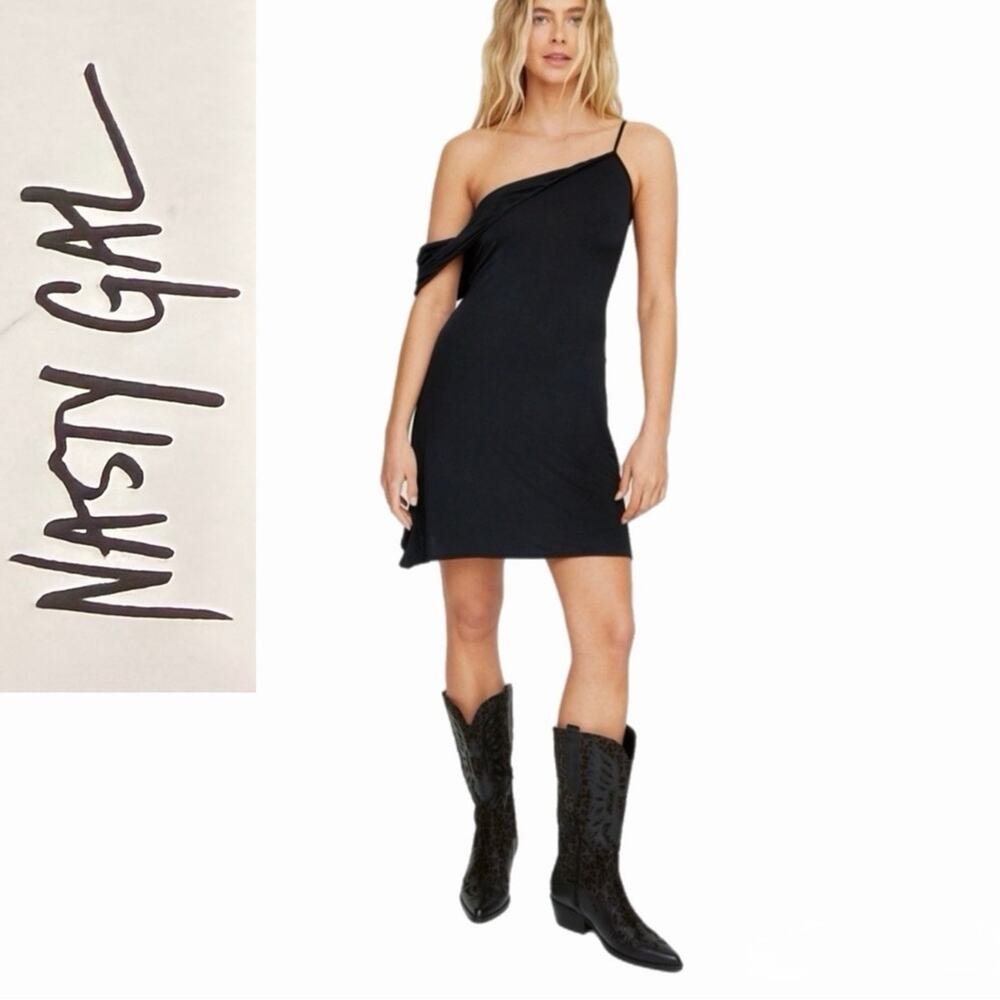 Nasty Gal Black One Shoulder Mini Dress Size 12 NWT Twisted Asymmetrical